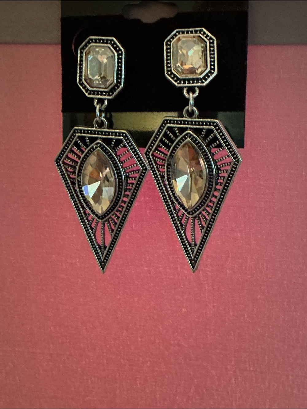 Art deco Citrine colored 2 tiered Drop Dangle Earrings in oxidized Silver Tone